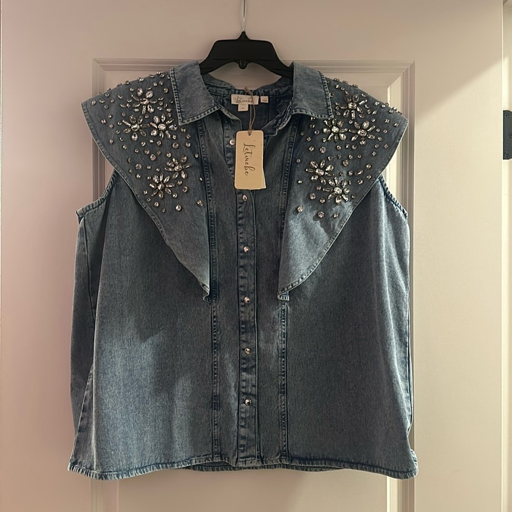 NWT Anthropologie Denim shirt with rhinestone embellishments